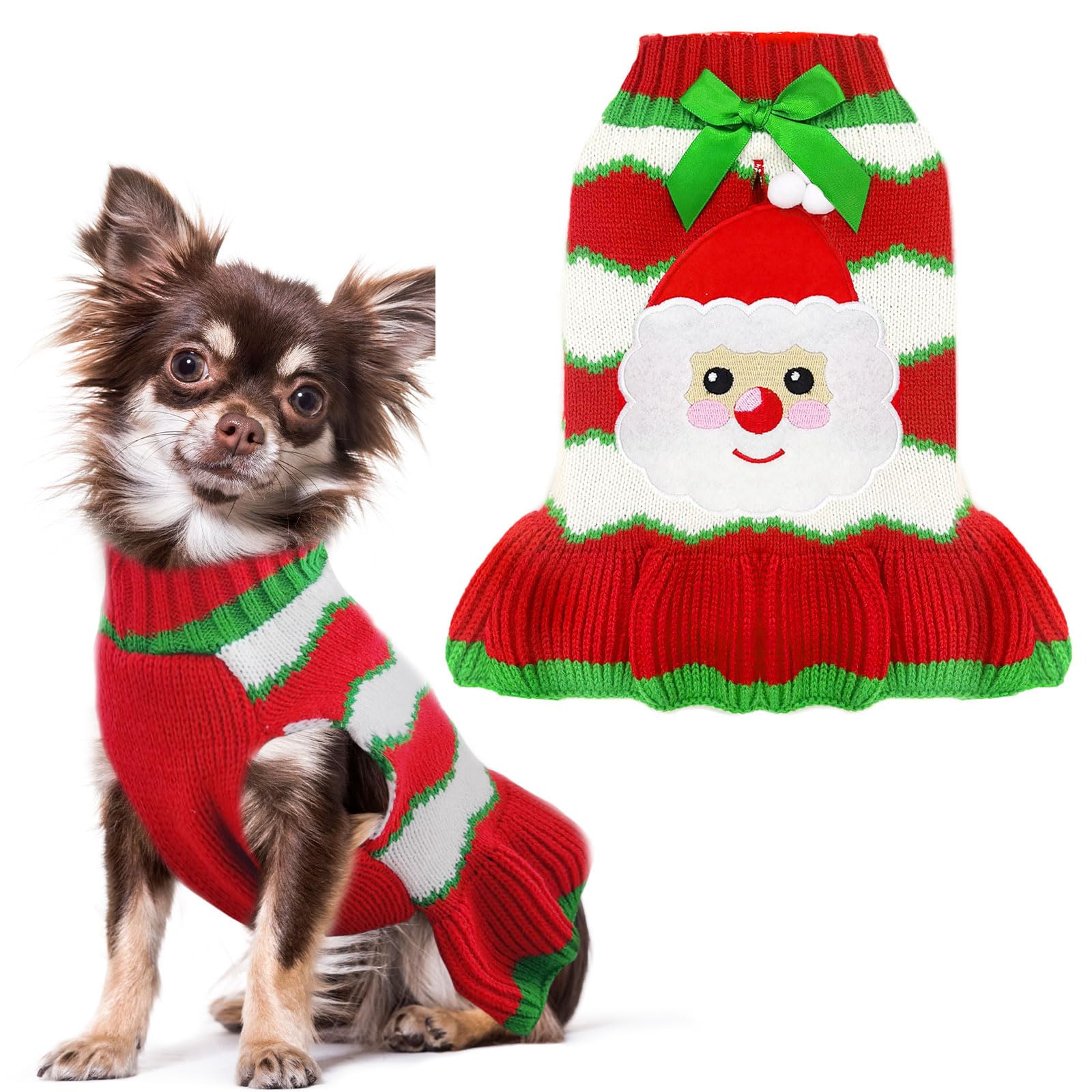 HRTTSY Dog Christmas Jumper Dress with Harness Hole Santa Striped Knitwear Dogs Sweater Dresses Vest Warm Winter Pullover Puppy Girl Dog Clothes Xmas Outfits for Small Medium Dogs Cats, Large