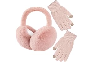 Pleneal Winter Ear Muffs Gloves for Women, Foldable Faux Fur Earmuffs Touchscreen Gloves Warmer Covers Headband Cold Weather