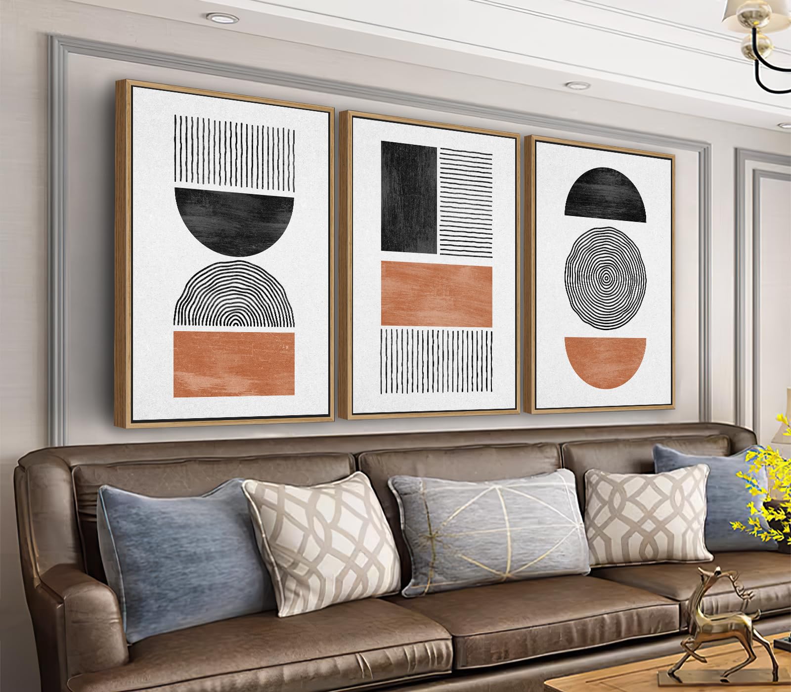Photo 1 of Framed Wall Art Canvas Set Mid Century Boho Pictures Modern Geometric Wall Decor Minimalist Black Brown Bohemian Abstract Painting Artwork for Living Room Bedroom Office 16"x24"x3 Natural