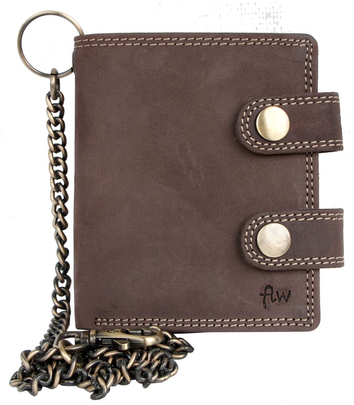FLW Men's small brown biker's genuine leather wallet with a chain