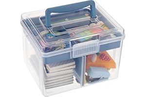 BTSKY 2 Layer Clear Plastic Dividing Storage Box with Removable Tray Multipurpose Stationery Storage Box with Handle Portable Sewing Box Art Craft Supply Organizer Home Utility Box (Small Blue)