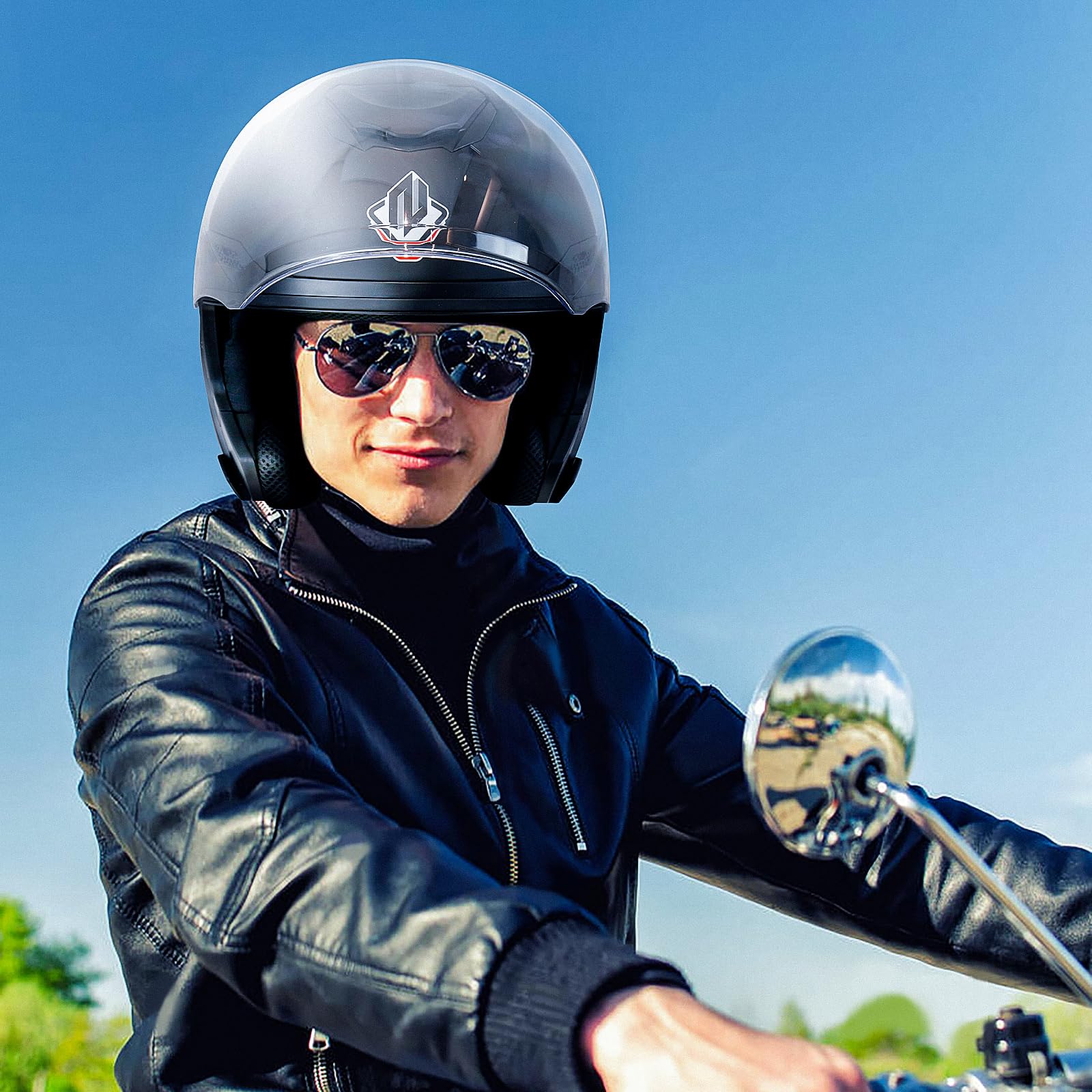 NENKI Rollerhelm für Motorradfahrer, Motorradhelm ECE 22.06, Jethelme mit Doppelvisier und Sonnenblende, Halbhelme für Damen Herren (Matt Schwarz, XL) 6