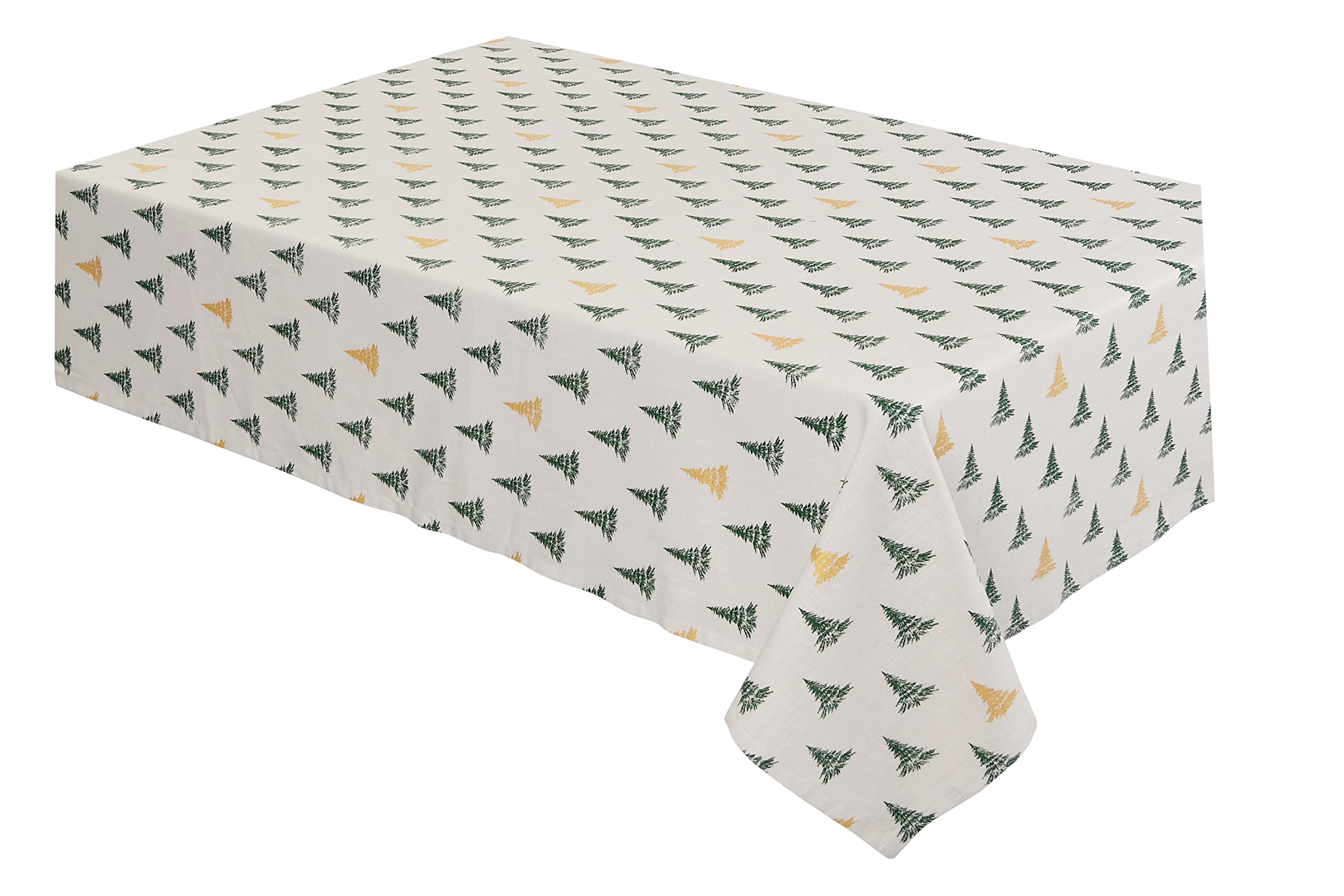 Sleepdown Winter Pine Trees Tablecloth Metallic Detail 100% Cotton Fabric Table Cloth Cover Rectangular - Natural - 152x213cm (60x84in)
