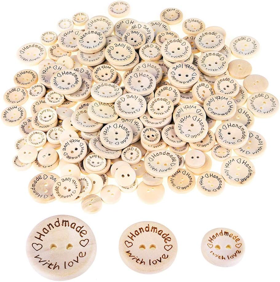 300pcs Wooden Button, Hand Made with Love, DIY Buttons for Sewing and Crafting, Clothing Sewing Buttons for Shirt Baby Sweaters, 3 Style