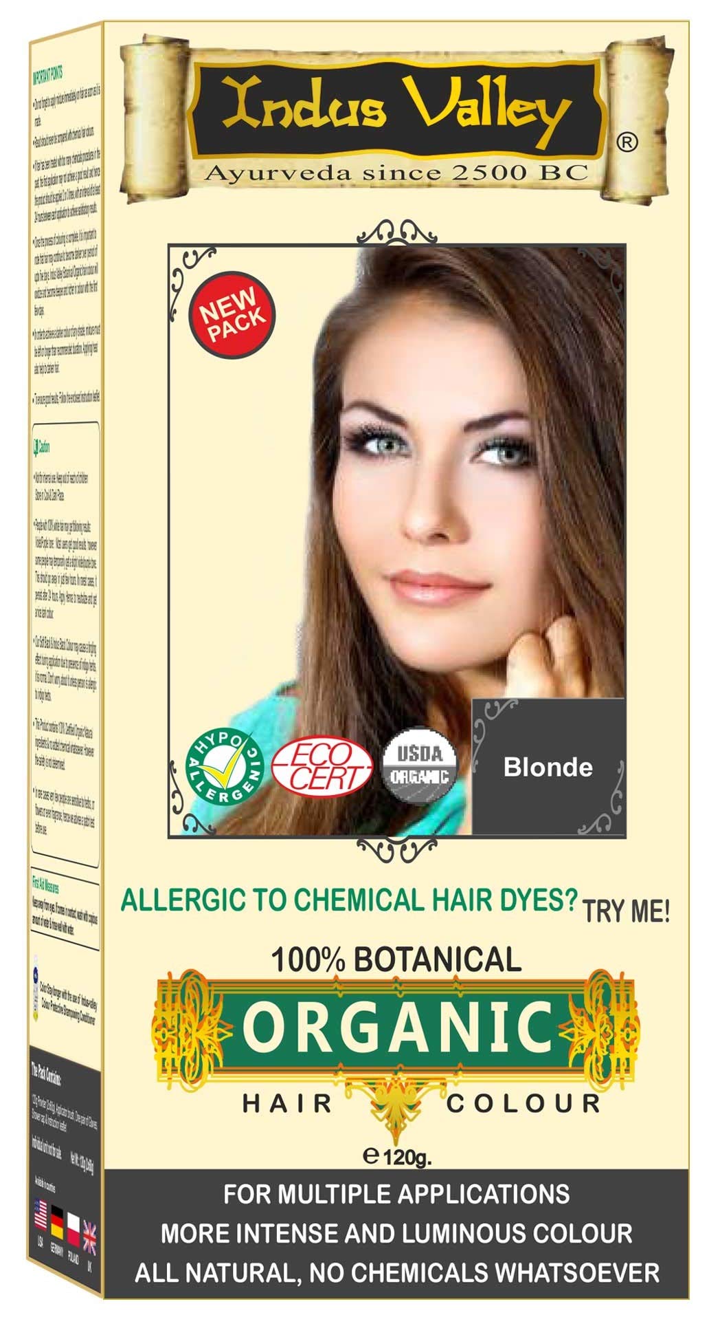 100% Organic, 100% Chemical Free, 100% Botanical Herbal Hair Dye Colour Blonde for Initial/First Few Greys (Does Not Lighten Hair from a Dark to Lighter Colour) Pure Natural Herbal For Men & Women No PPD, No Ammonia, No Peroxide and No Heavy Metals Whatsoever by Indus Valley