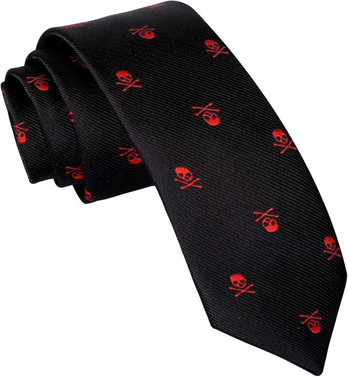 Alizeal Calavera–Corbata Estrecha para Hombre (Negro+Calavera Roja)
