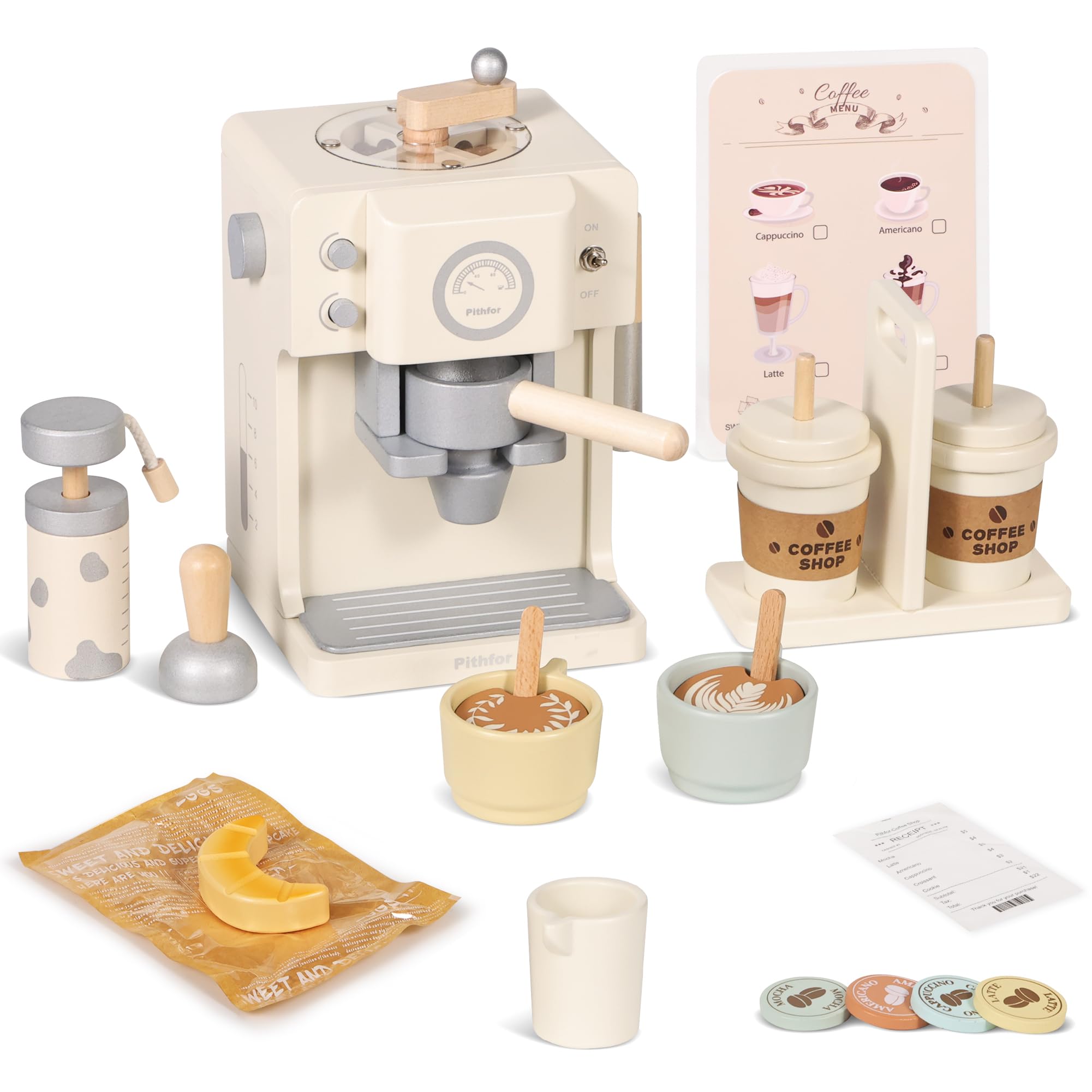 Photo 1 of Pithfor Kids Wooden Coffee Playset with Grinder, Toy Coffee Maker for Kids Toddlers, Pretend Play Kitchen Appliances & Accessories Toy Gift for Boys Girls