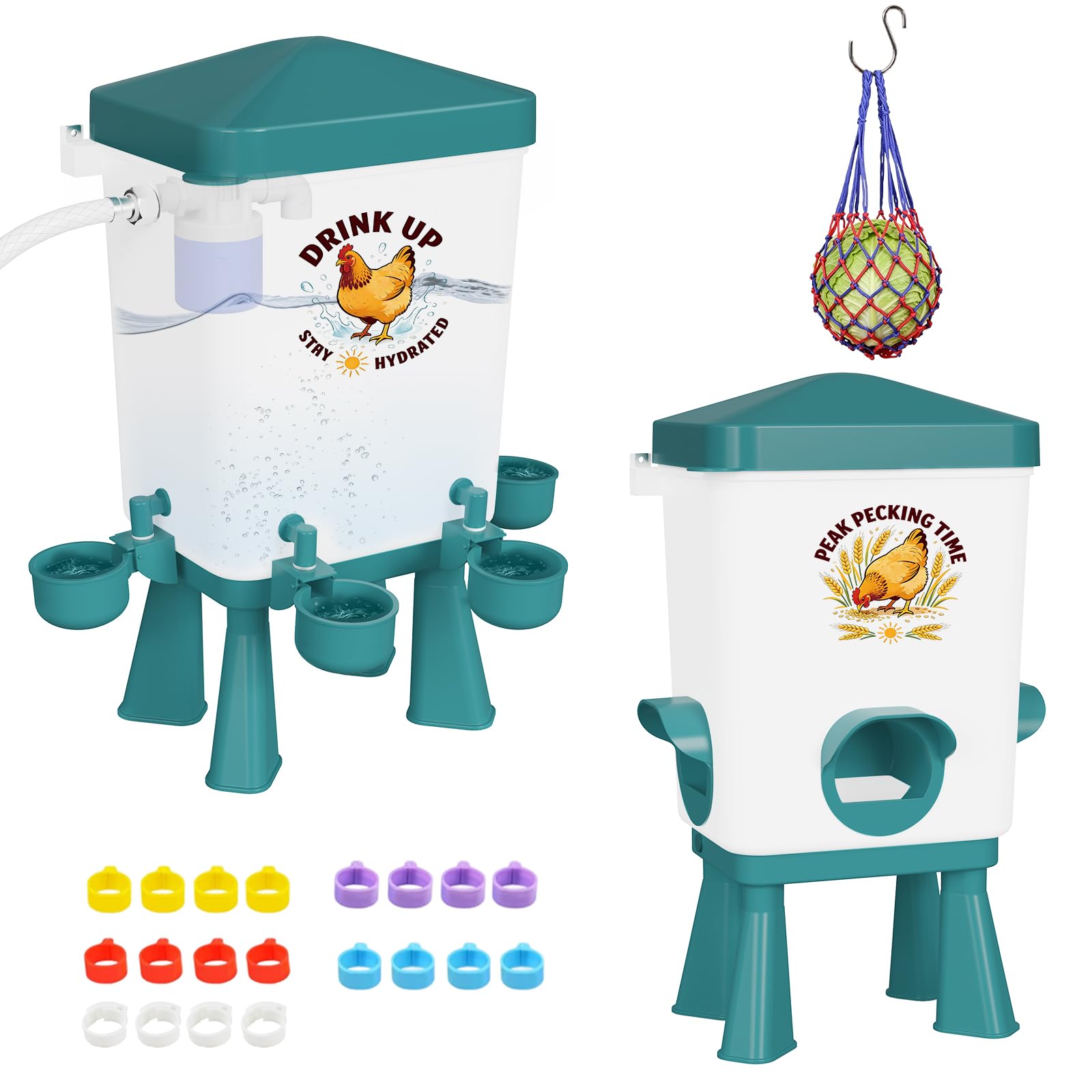 Photo 1 of 3 Gallon Chicken Feeder and Waterer Set, Large Chick Water with Automatic Float Valve, No Waste Poultry Feeding and Watering System, 4 Cups & 3 Ports, Chicken Coop Accessories for Pigeons/Quail (Blue)