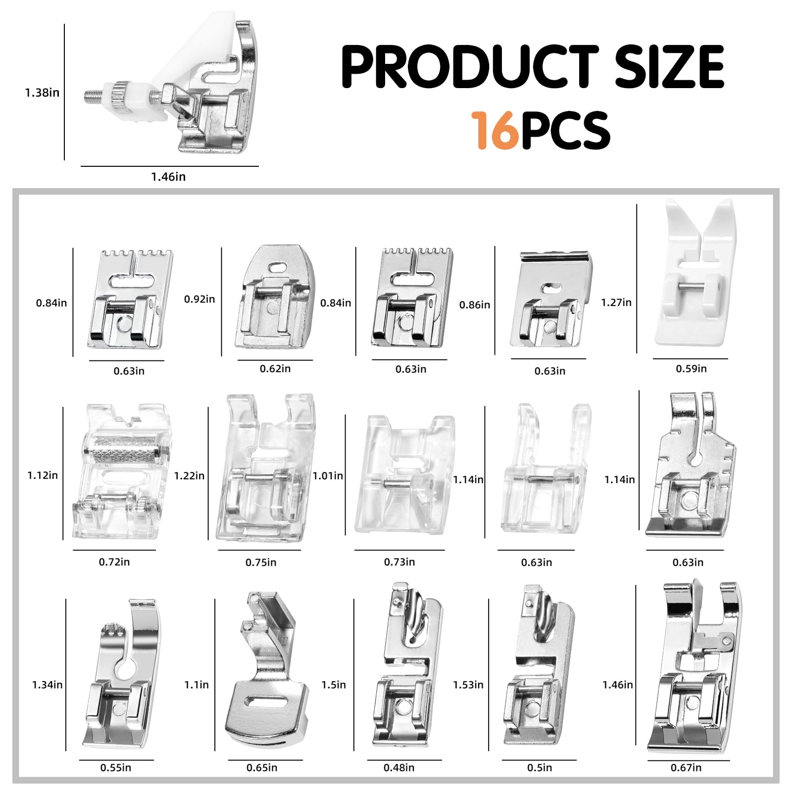 AnoleAir 16 Pcs Sewing Machine Presser Foot Set fits for Most Low Shank Snap-On Singer, Brother, Babylock, Euro-Pro, Janome, Kenmore, White, Elna Sewing Machines
