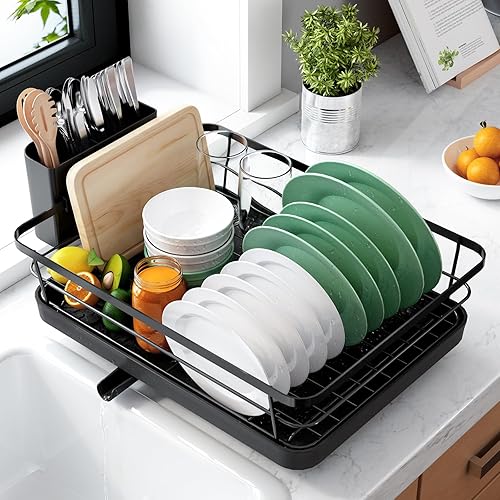 Kitsure Dish Drying Rack for Kitchen Counter, Stainless Steel Sink Organization and Storage Essentials with Cutlery Holder, Home and Appartment Decor, 12''W x 15.5''L, Black