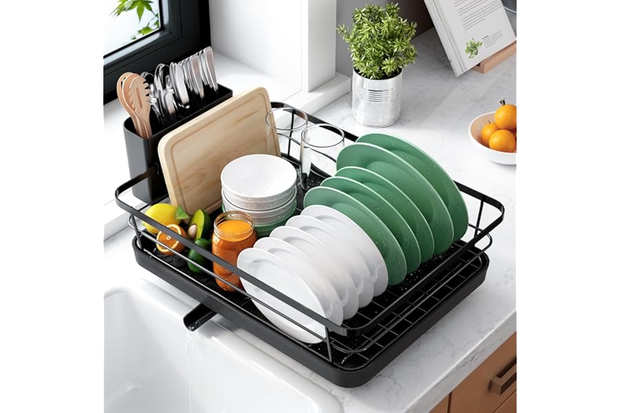 Kitsure Dish Drying Rack for Kitchen Counter, Stainless Steel Sink Organization and Storage Essentials with Cutlery Holder, H Book
