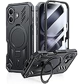 FNTCASE for iPhone 16 Phone Case: Magnetic Phone Cases with [Ring Kickstand] [Built-in Screen Protector] [Heavy Duty Military Grade Protection] Shockproof Rugged Protective Cell Phone Cover Black