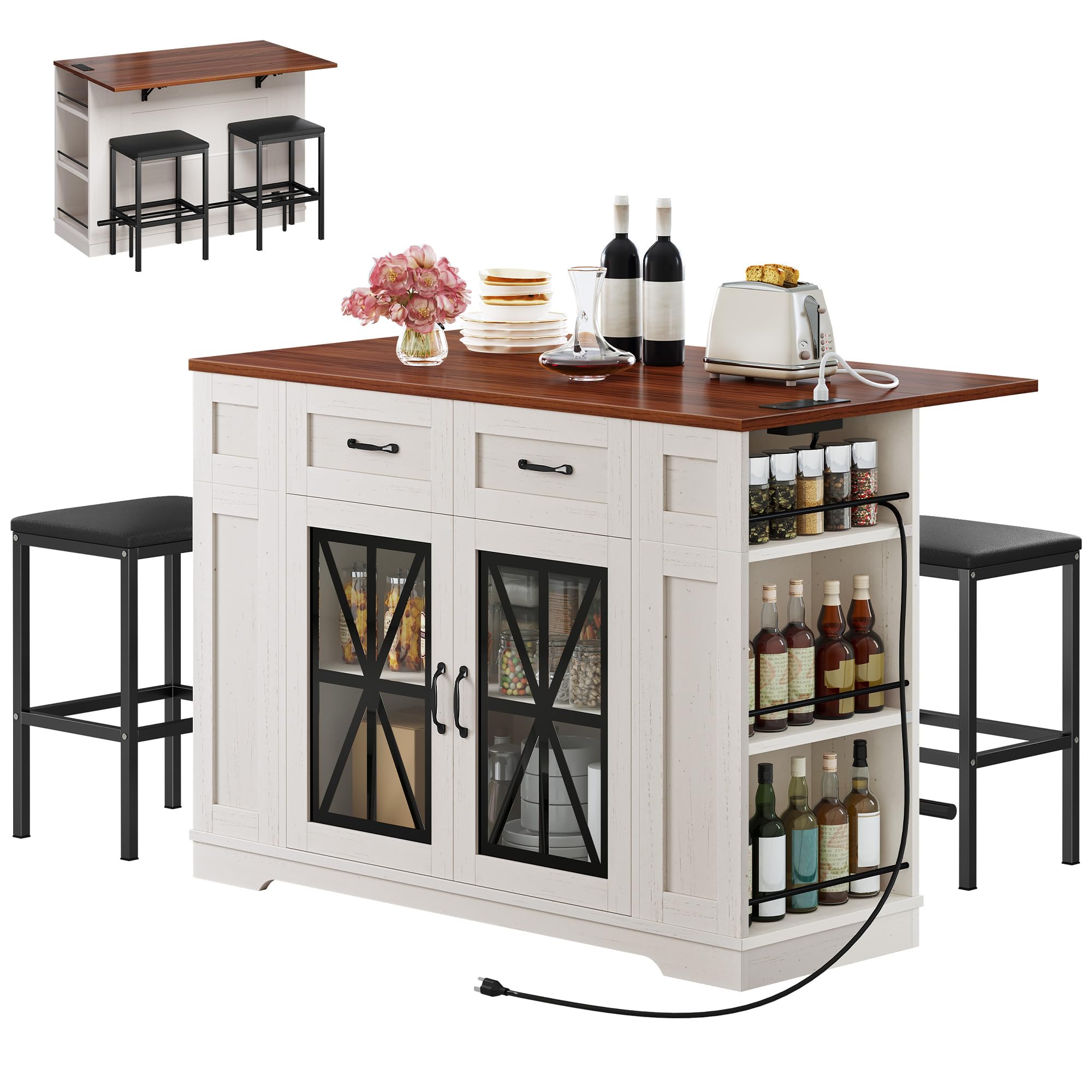 Photo 1 of YITAHOME Kitchen Island with Drop Leaf & 2 Bar Stools, Large Kitchen Island with Storage and Seating, 47 Inch Portable Islands Table for Kitchen Cart on Wheels with Power Outlet & Footrest, Off White