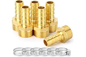 ChillWaves Brass Air Hose Fittings, Hose Barb Fittings 1/2" Barb x 1/2" NPT Male Thread Adapter with Hose Clamp(6-PACK)