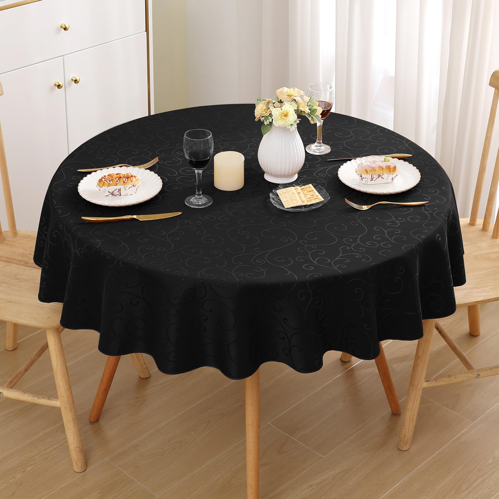 Homaxy Table Cloth Round 150 cm, Washable Polyester Jacquard Tablecloth, Dust-Proof Table Cover for Kitchen Dinning Indoor Decoration, Black