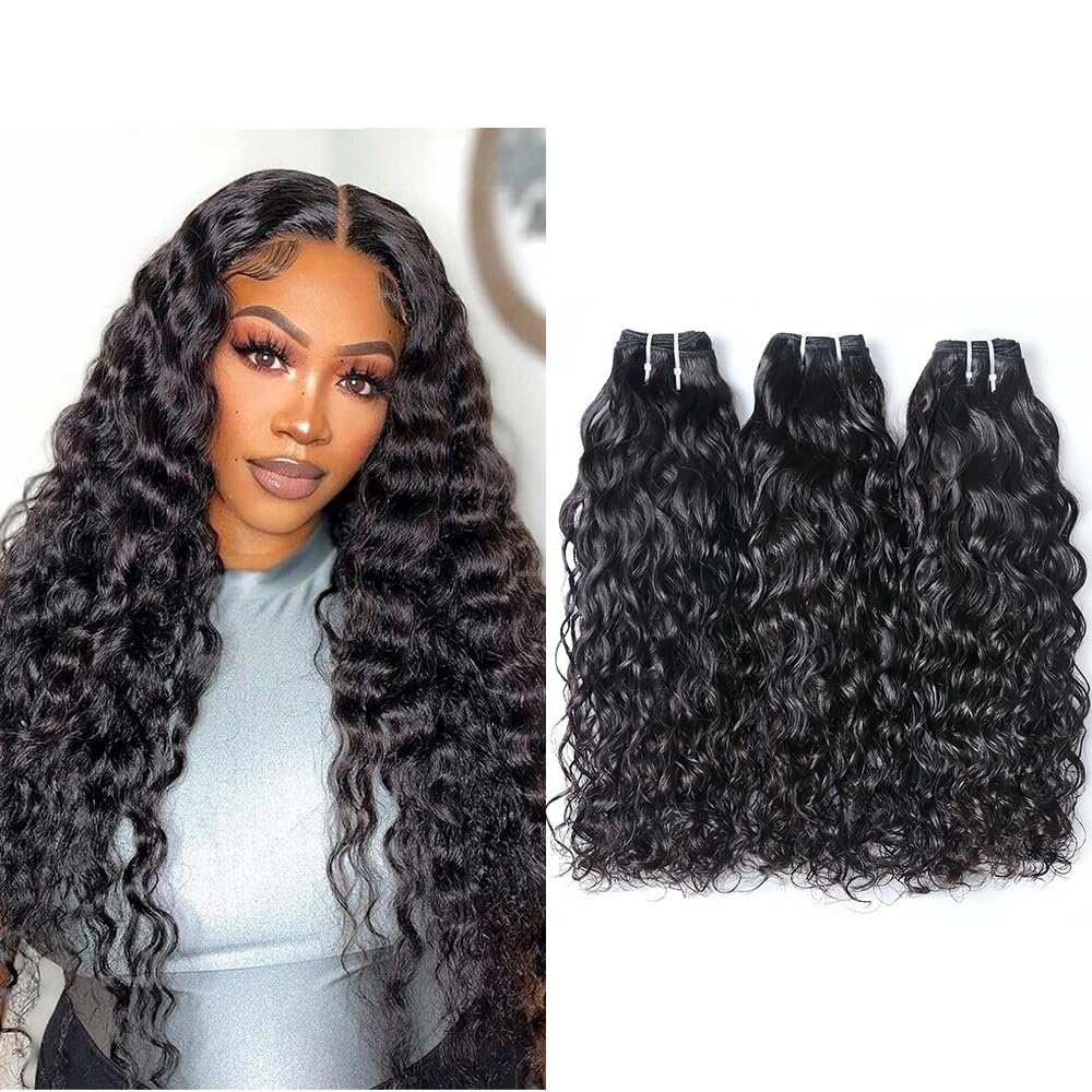 Urshiney Water Wave Human Hair Bundles Brazilian Virgin Hair Wet And Wavy Curly Bundles Double Weft Natural Black Can Be Dyed Tangle-Free & Minimal Shedding Total 300g 20 22 24 Inch