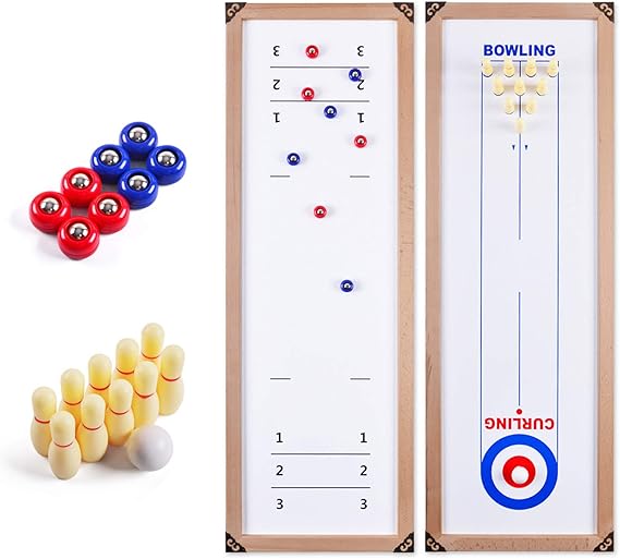 Curling Game, 3 in 1 Bowling Shuffleboard Table Set, Wood Team Board