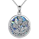 URONE Scottish Thistle Necklace 925 Sterling Silver Abalone Shell Celtic Knot Scotland Flower Pendant Necklace Scottish Thistle Jewelry Gifts for Women