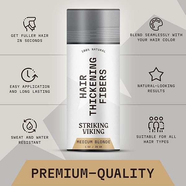 STRIKING VIKING HAIR FIBERS (MEDIUM BLONDE) 28G – NATURALLY DERIVED, LONG-LASTING BUILDING POWDER – UNDETECTABLE FOR THINNING HAIR, FOR MEN & WOMEN