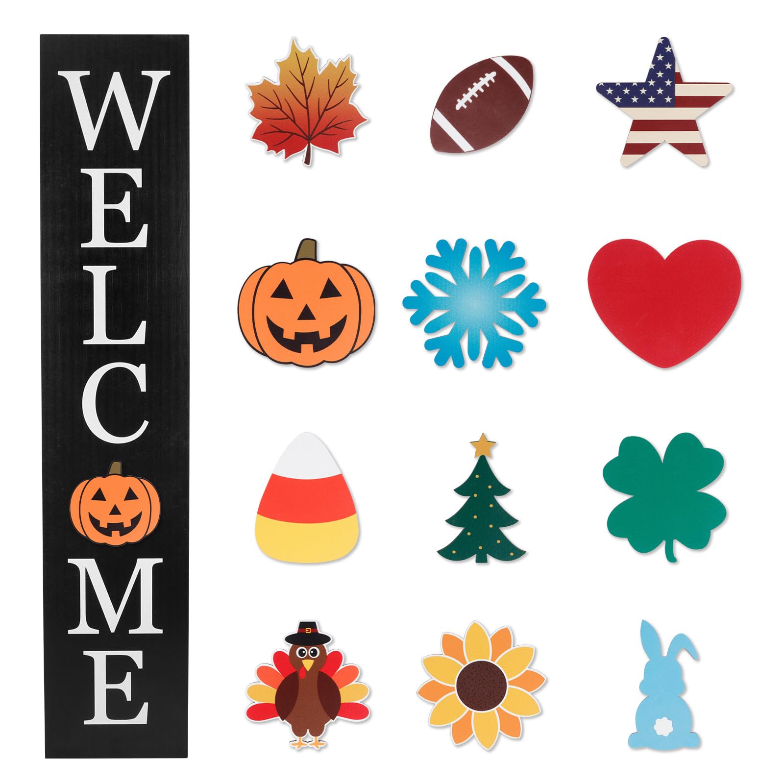 Photo 1 of (MISSING ALL HOLIDAYS ACCESSORIES) ***PARTS ONLY***nterchangeable Welcome Sign for Front Porch- 45"X9" Large Standing/Hanging Wooden Sign with 12 PCS Replaceable Icons for 4th of July Fall Halloween Porch Wall Yard Decorations (Black)