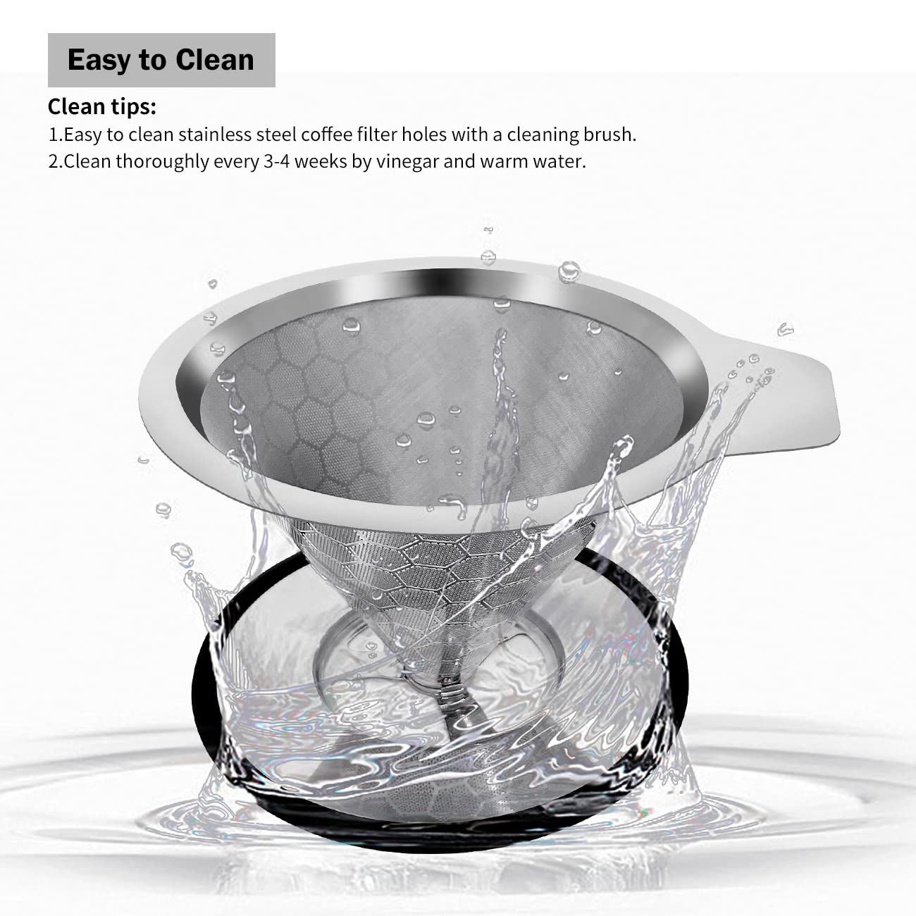 Pour Over Coffee Dripper Reusable Coffee Filter Metal Cone Filter Paperless Coffee Filter Stainless Steel Pour Over Coffee Maker Single Cup Brew Coffee Filter, Double Mesh