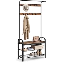 VASAGLE Coat Rack, Hall Tree with Shoe Bench for Entryway, Entryway Bench with Coat Rack, 4-in-1, Rustic Brown and Black UHSR