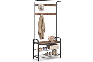 VASAGLE Coat Rack, Hall Tree with Shoe Bench for Entryway, Entryway Bench with Coat Rack, 4-in-1, with 9 Removable Hooks, a Hanging Rod, 13.3 x 33.1 x 72.1 Inches, Rustic Brown and Black UHSR400B01