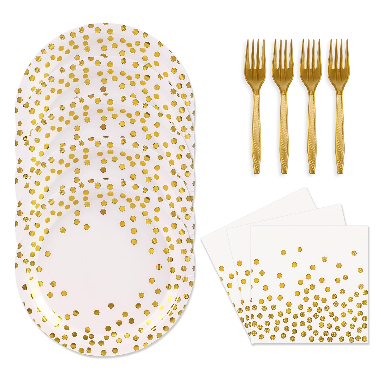 Photo 1 of 48PCS White and Gold Plates and Napkins Party Supplies, Gold Dot Disposable Party Paper Plates and Napkins with Forks Tableware Set for Wedding Baby Shower Birthday Decorations 16 Guests