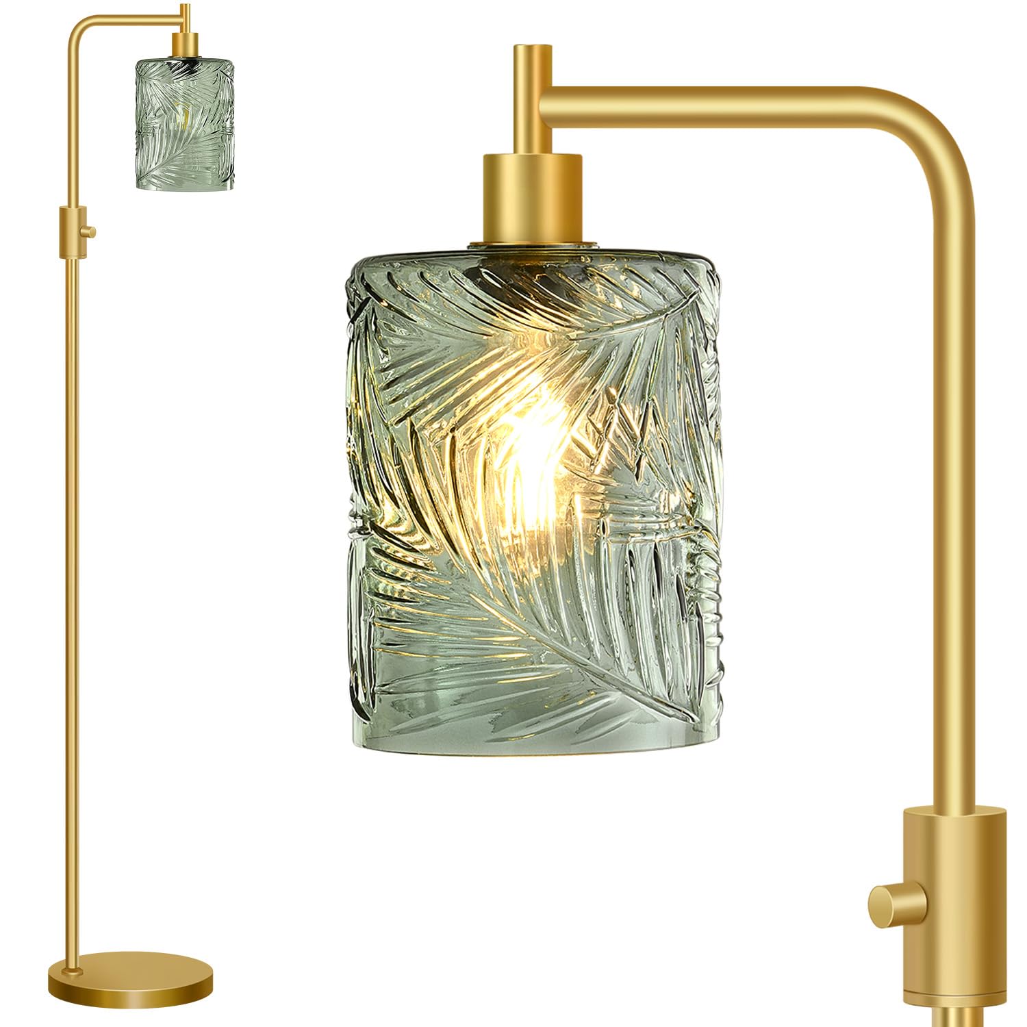 Photo 1 of ?Upgraded? Dimmable Glass Floor Lamp for Living Room, Modern Gold Standing Lamp with Green Feather Glass Lampshade & Knob Dimmer, Arc Tall Lamp for Bedroom Office Reading Room, 2700K Led Bulb Included