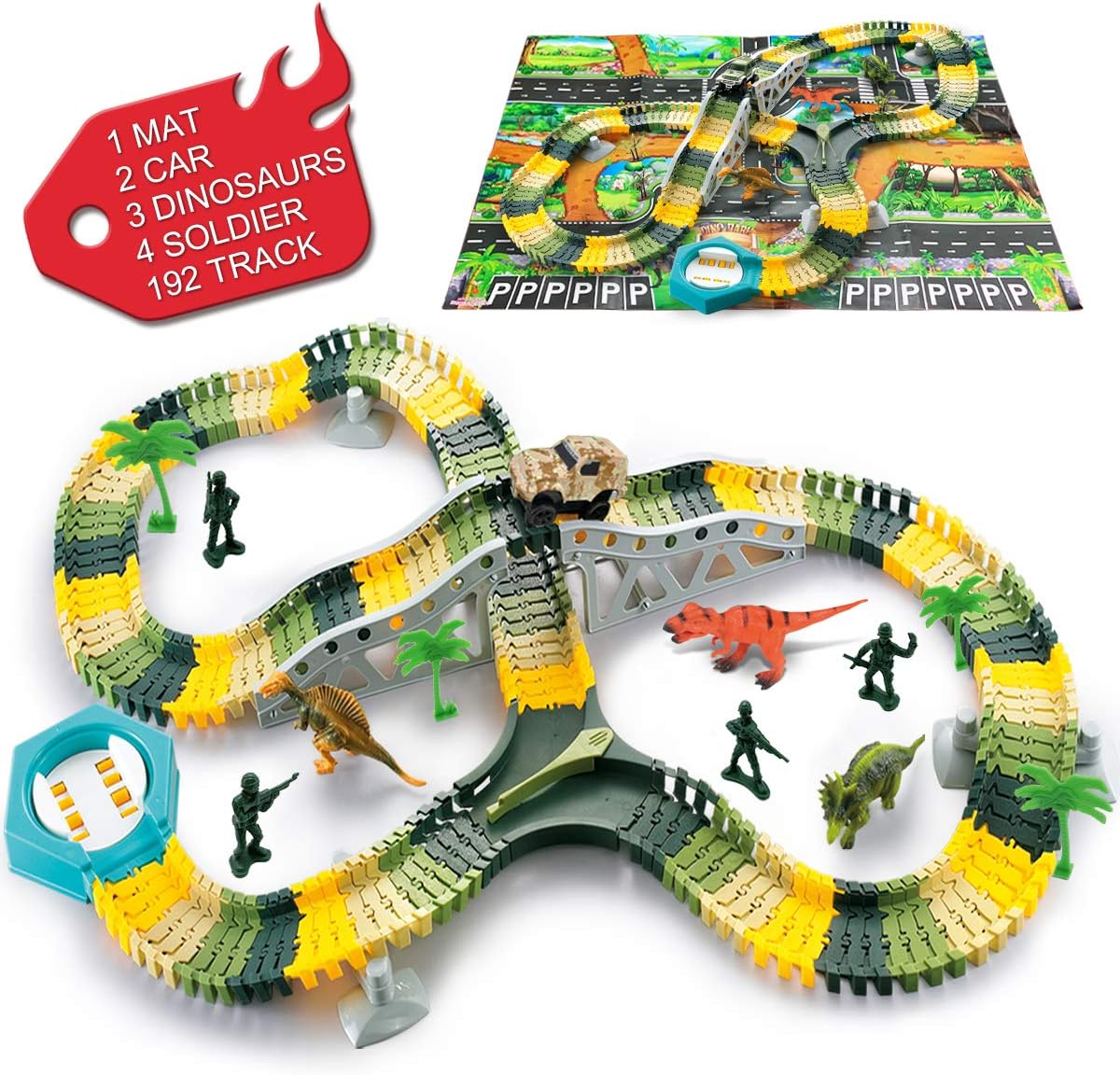 SYOSIN Jurassic World Dinosaur Toys Race Track Toy Car & Flexible Track Playset 192 Pieces for Kids
