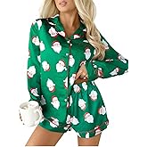 UNIQUEONE Womens Christmas Pajama Sets Silk Satin Pajama Soft Long Sleeve Sleepwear 2 Piece Button down Pjs Set