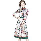 LAI MENG FIVE CATS Women's 3/4 Sleeve Floral Print Button up Casual A-line Flowy Midi Dress