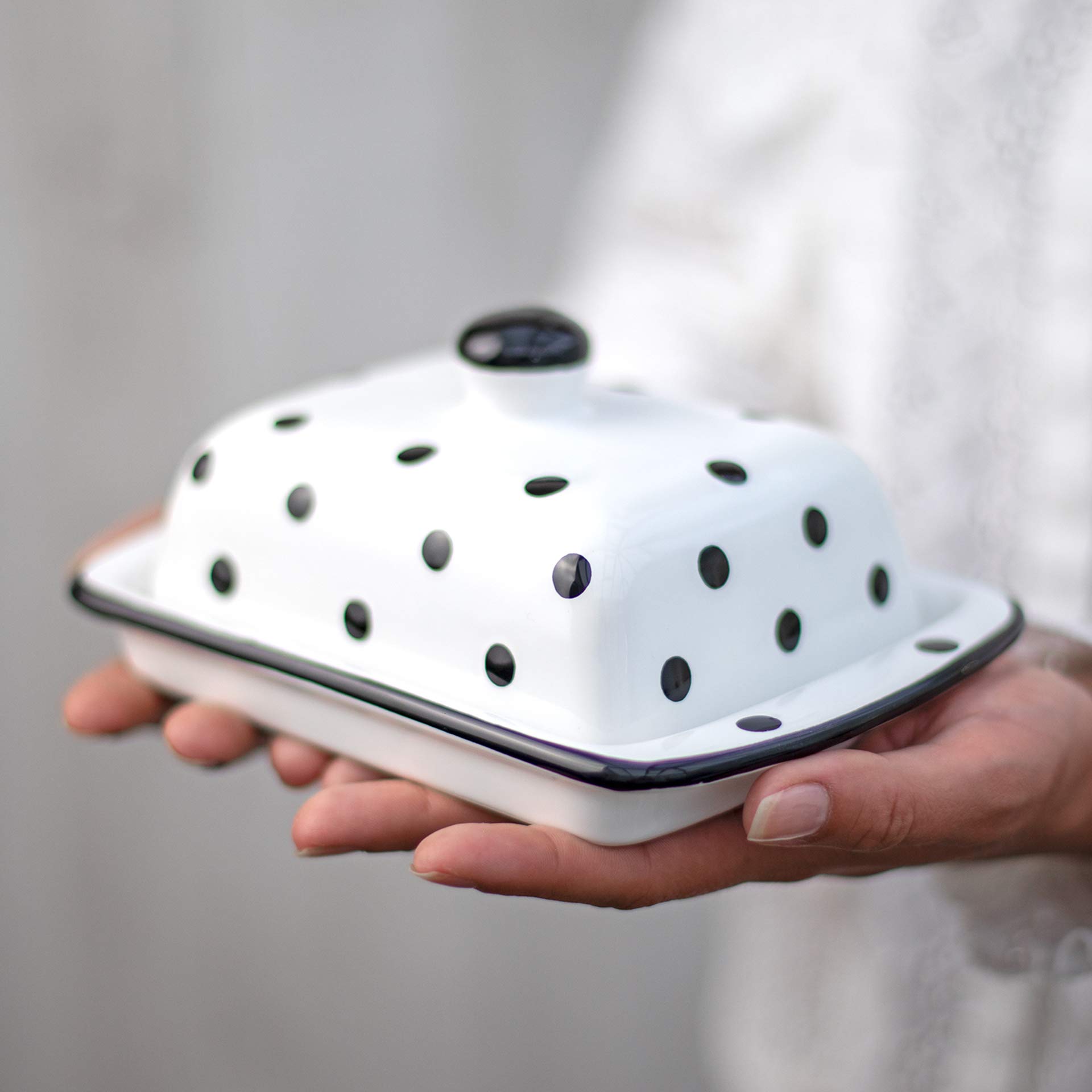 City to Cottage Large Butter Dish with Lid for Countertop, Ceramic Butter Keeper, Butter Container with Knob Handle, Butter Holder Tray with Cover, Handcrafted White and Black Polka Dot Butter Dish