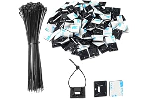 Black Cable Tie Zip Self Adhesive Mounts Set, Cable Base Holders with Multi-Purpose Sticky Pads 100 Set