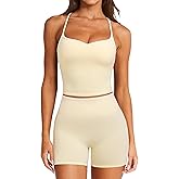 RXRXCOCO Color Block Workout Sets for Women 2 Piece Padded Strappy Tank Tops Hidden Scrunch Booty Shorts with Pockets