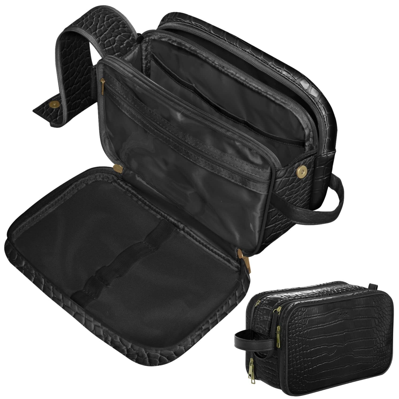 Dot&Dot Leather Toiletry Bag for Men Women - Spacious Womens Mens Toiletry Travel Bag, Large Travel Toiletries Bags (Black Croc, Large)