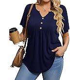 IN'VOLAND Womens Plus Size Tunic Top Summer Short Sleeve T-Shirt V-neck Button Up Dressy Blouse Casual Pleated Pullover 1X-5X