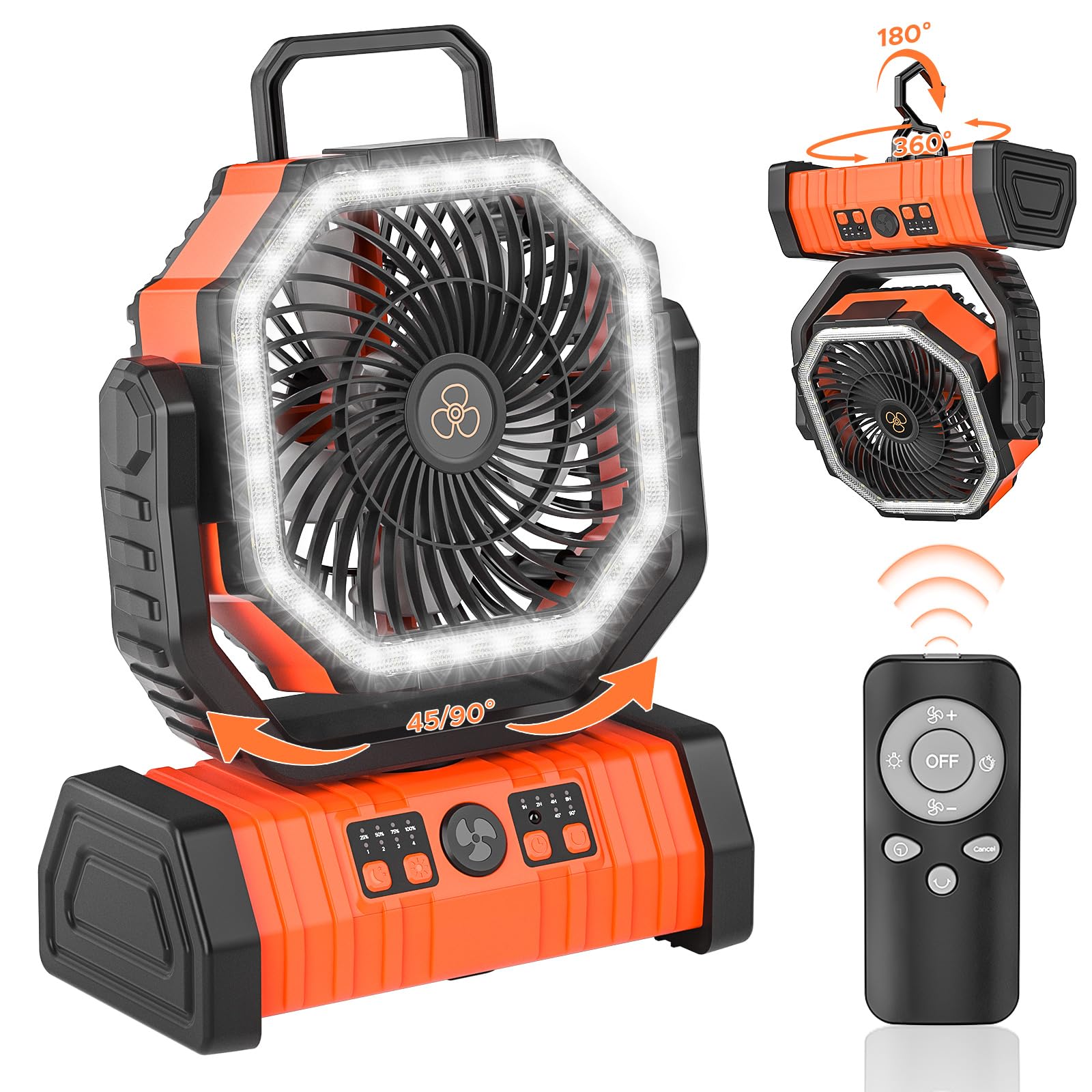 Rechargeable Camping Fan with LED Lantern, 20000mAh Auto-Oscillating Battery Operated with Remote/Hook/Timer, 8” Portable Fan for Picnic, Fishing,Tent, RV, Power Outages, Hurricane(Orange)