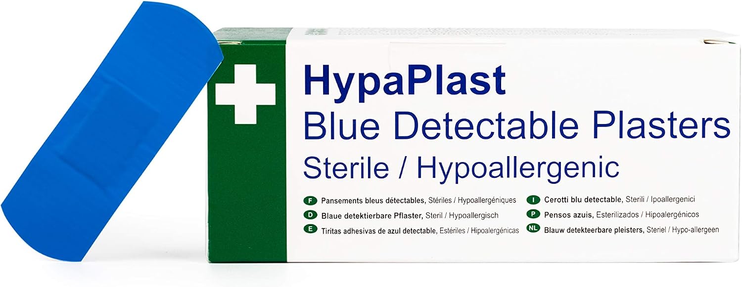 Safety First Aid Group HypaPlast Blue Catering Plasters, 7.2x2.5 cm (Pack of 100), 7.2cm x 2.5cm (PK100)