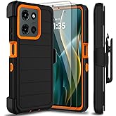 Leptech for Motorola Moto G 2025/2026 Case with 2 Pack Tempered Glass Screen Protector, [Holster Series] Kickstand Belt Clip Shockproof Protective Phone Case for Moto G Play 2026 (Black/Orange)