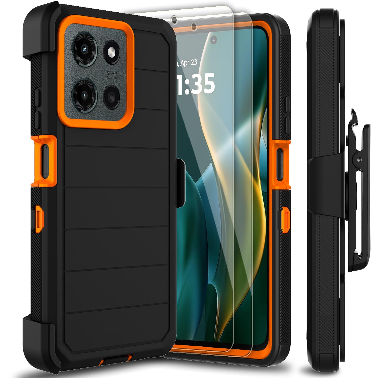 Leptech for Motorola Moto G 2025/2026 Case with 2 Pack Tempered Glass Screen Protector, [Holster Series] Kickstand Belt Clip Shockproof Protective Phone Case for Moto G Play 2026 (Black/Orange)
