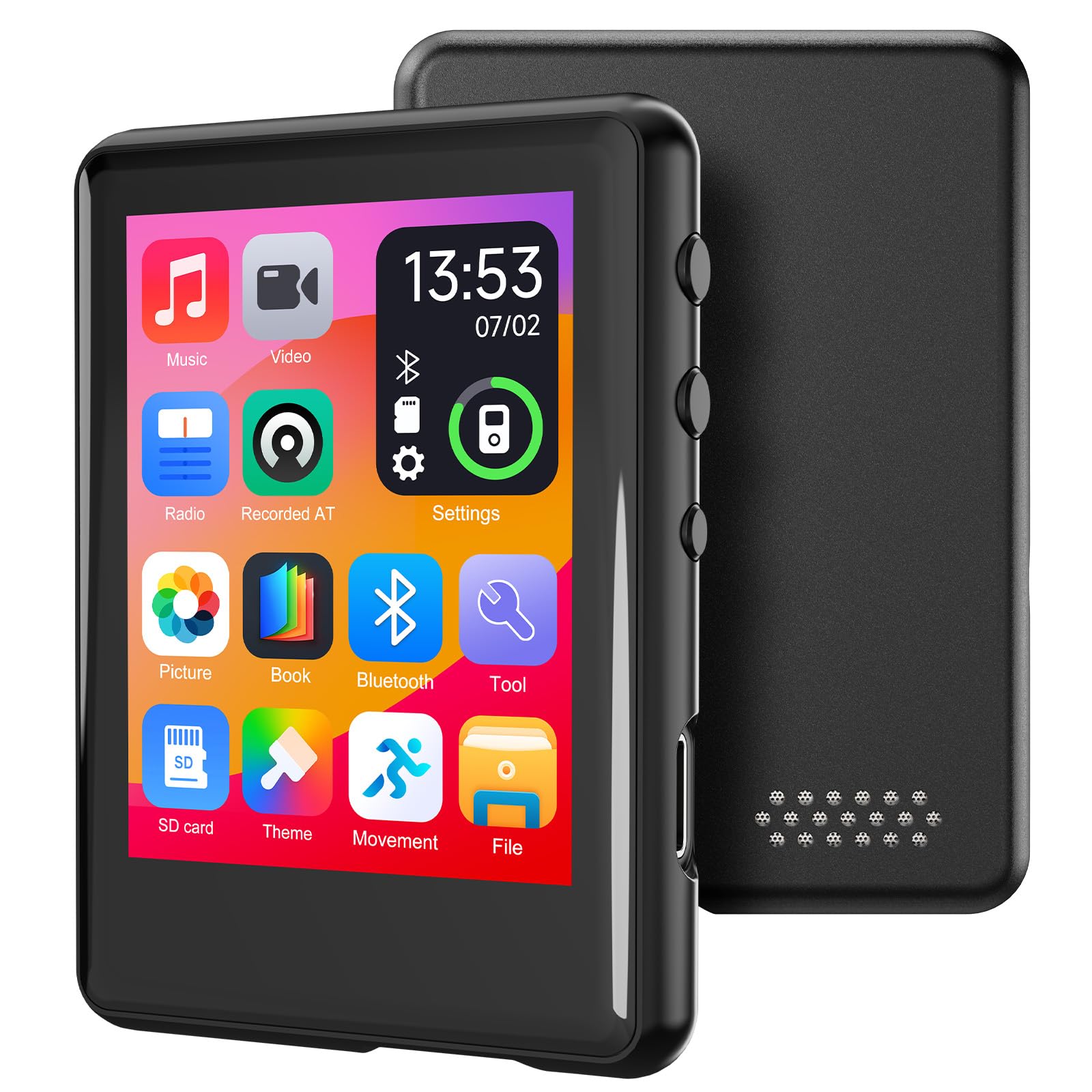 MP3 Player with Bluetooth5.4,Portable Digital Music Device with Speaker,FM Radio,Voice Recording,Earphones,for Kids,Built-in Micro SD Card Slot,Full Touch Screen Easy to Use,Max 512GB Expand