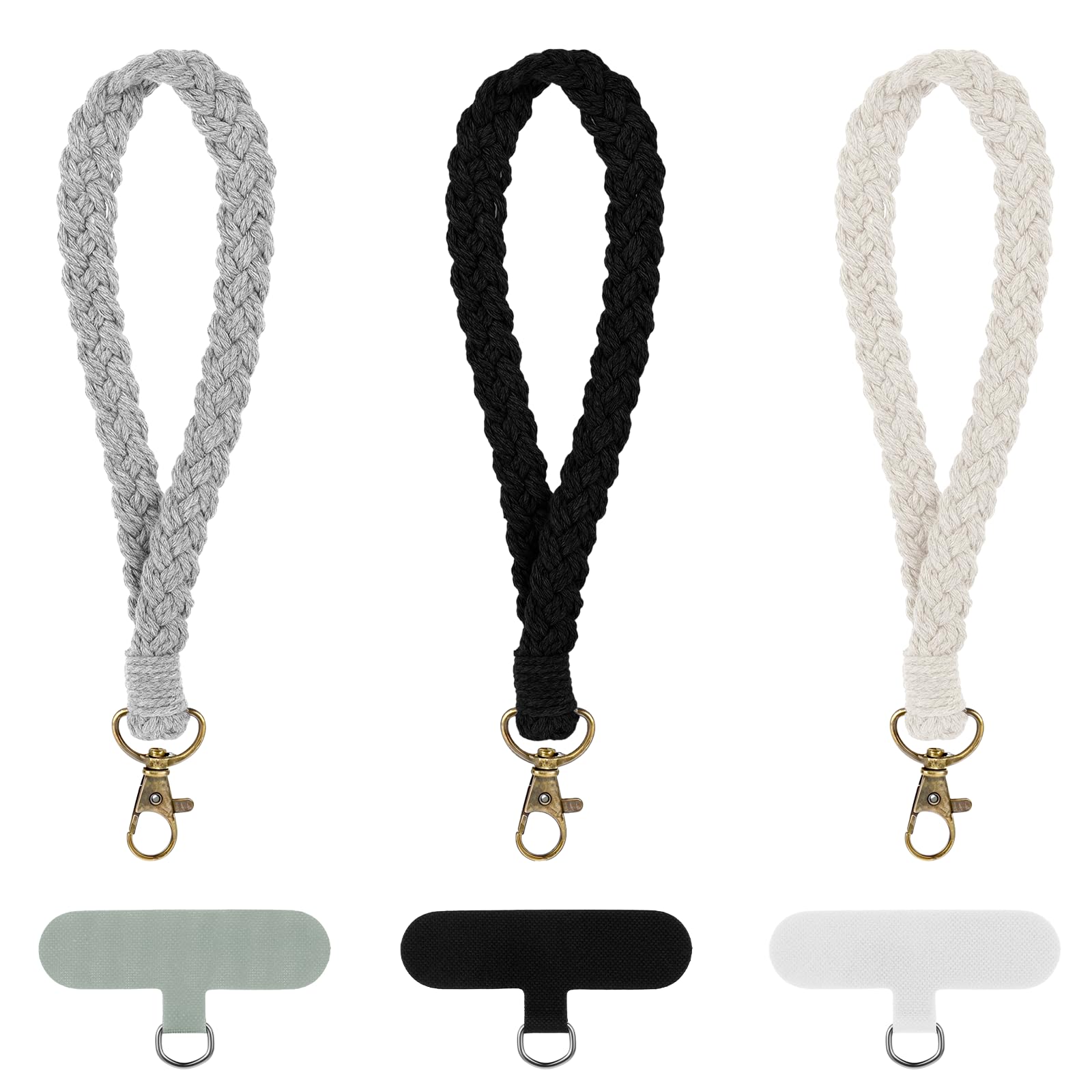 3 Pack Boho Macrame Lanyard for Phone Rope Lanyard Wrist Strap Handmade Macrame Mobile Phone Lanyard with Phone Tether Tab for Phone Case Women Girls (1 Black, 1 White, 1 Gray)