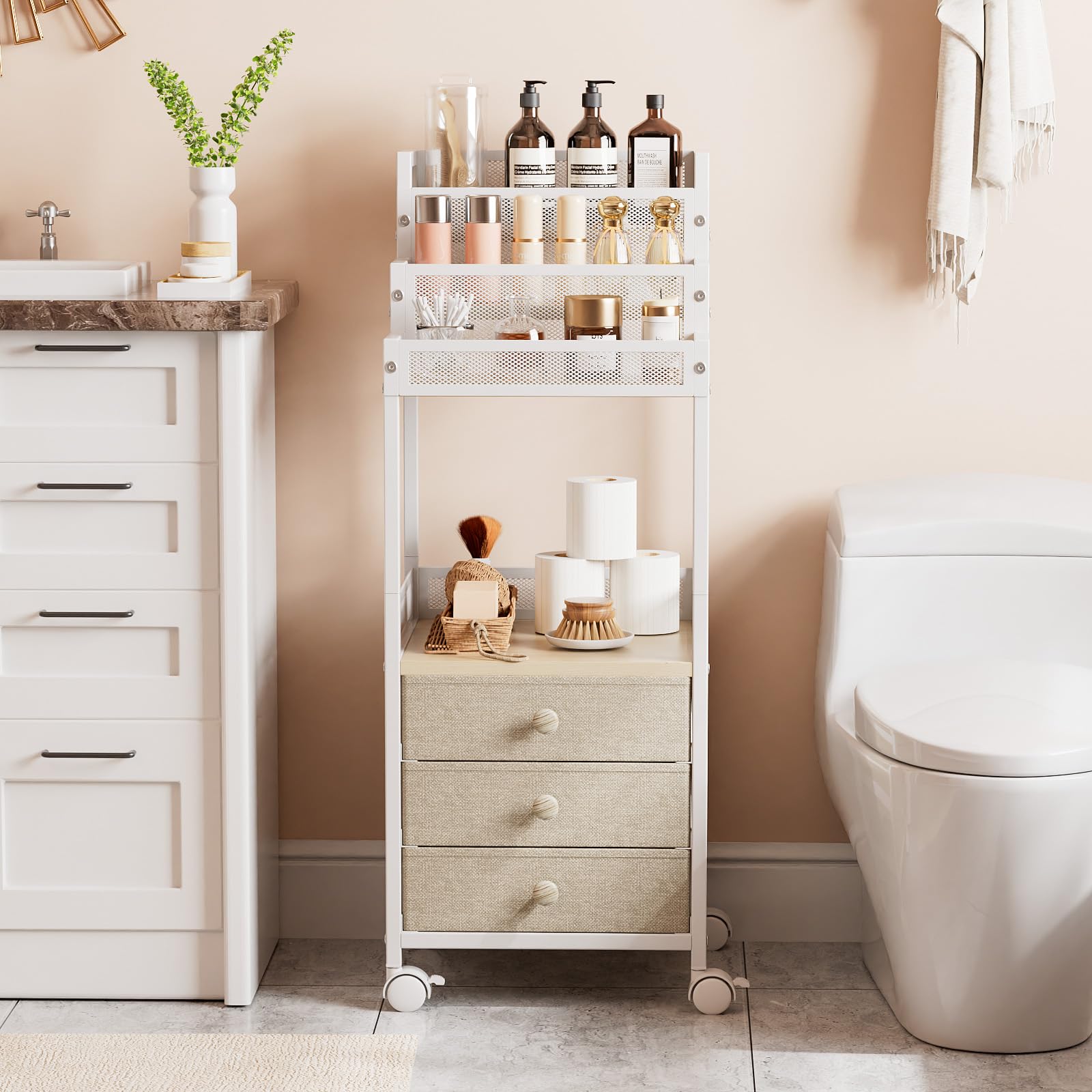 FURFUN Makeup Cart Organizer with Drawers, Floor Rolling Skincare Vanity Storage Mobile Cosmetic Display Case Stand for Makeup Brushes, Nail Polish, Perfume Organizer for Women Matte White