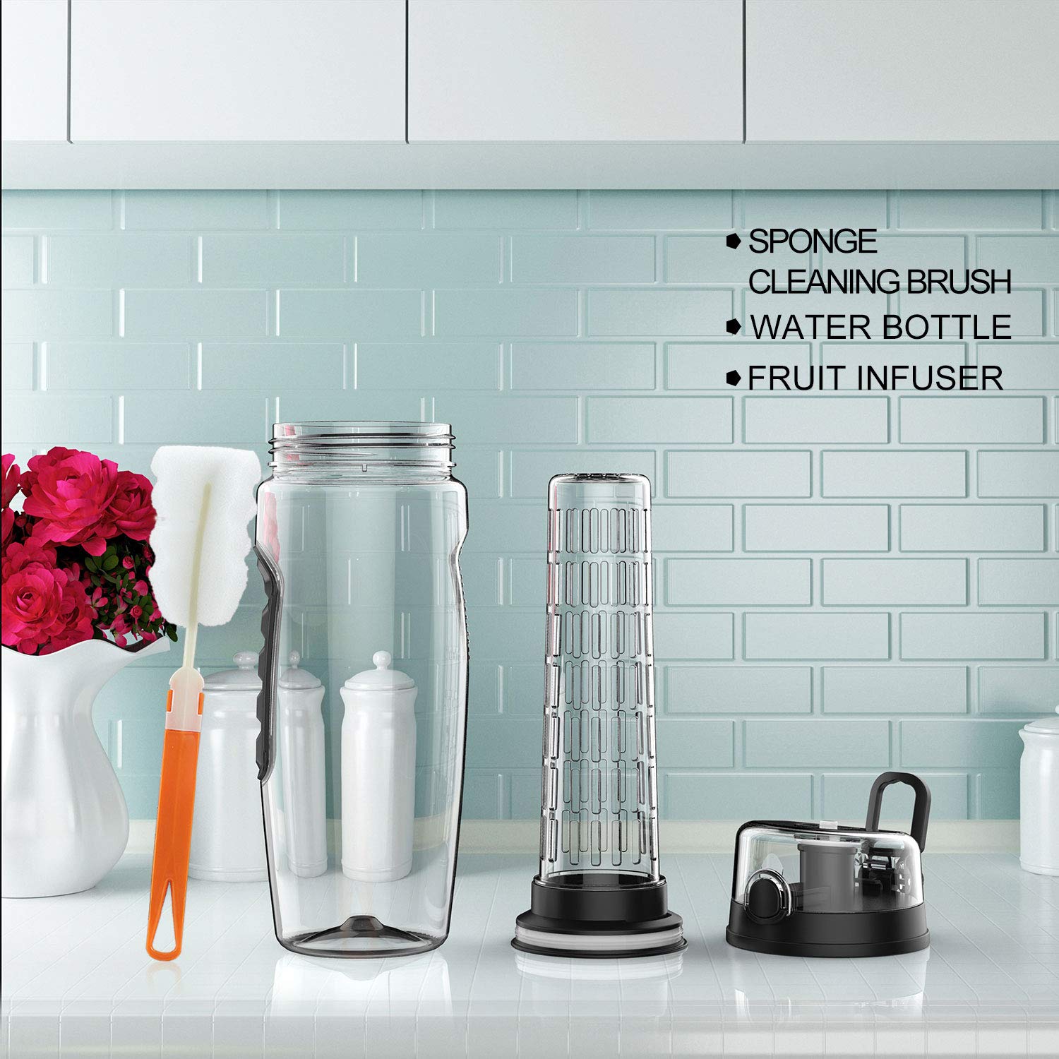 Babacom Wasserflasche Mit Fruchteinsatz 1L/32OZ Trinkflasche Sport mit Infuser Reinigungsbürste Verschluss Tragehenkel für Fruchtsaft BPA-frei Tritan