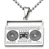 COOLSTEELANDBEYOND Men's Women's Stainless Steel Retro Boombox Pendant Necklace, Hip Hop Ghetto Blaster Jewelry, Vintage Music Lover Accessory, Urban Streetwear Style, Gift for Him