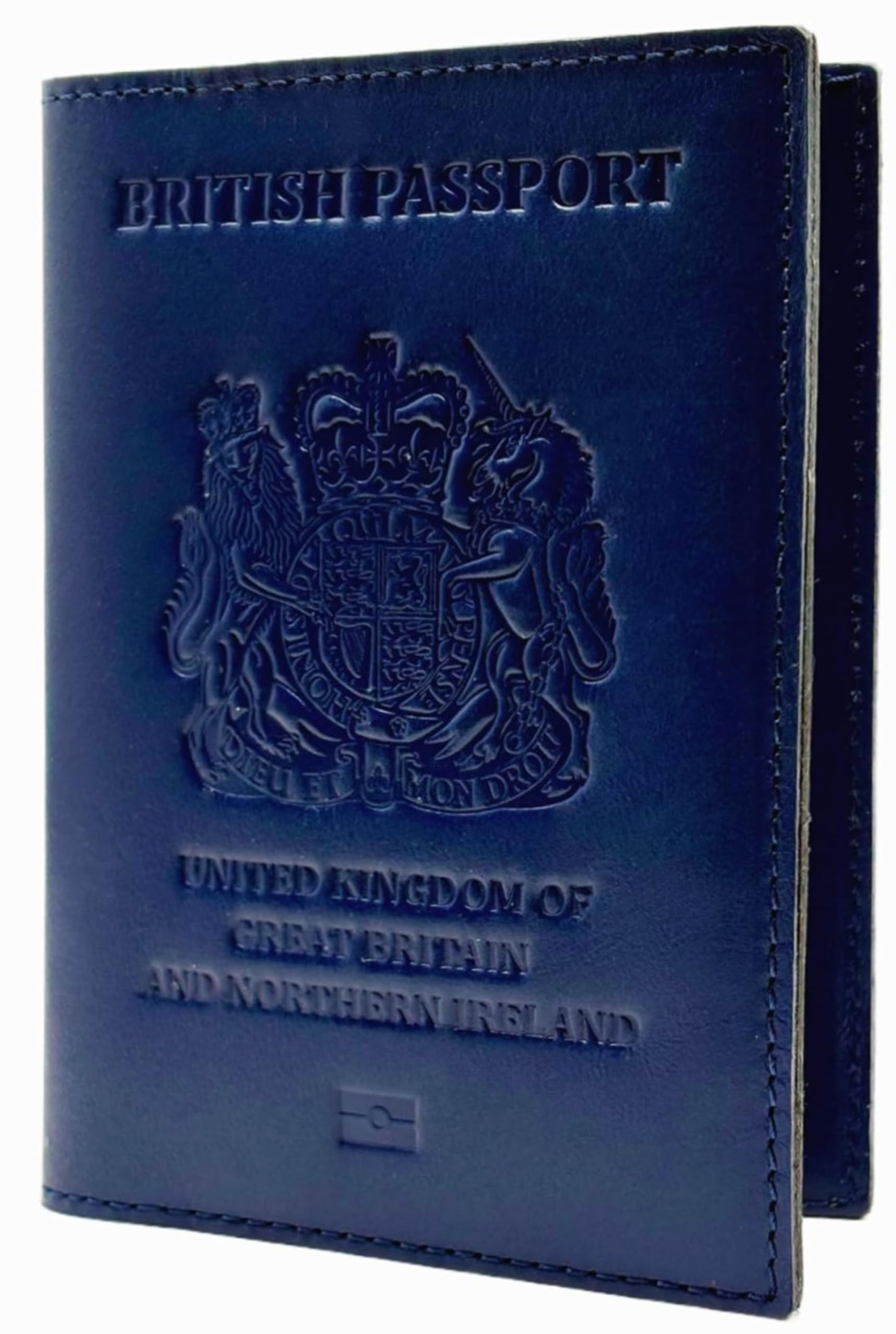 MOIRENTO UK Leather Passport Cover, RFID Blocking Travel Document Wallet Holders British Navy Blue Buff