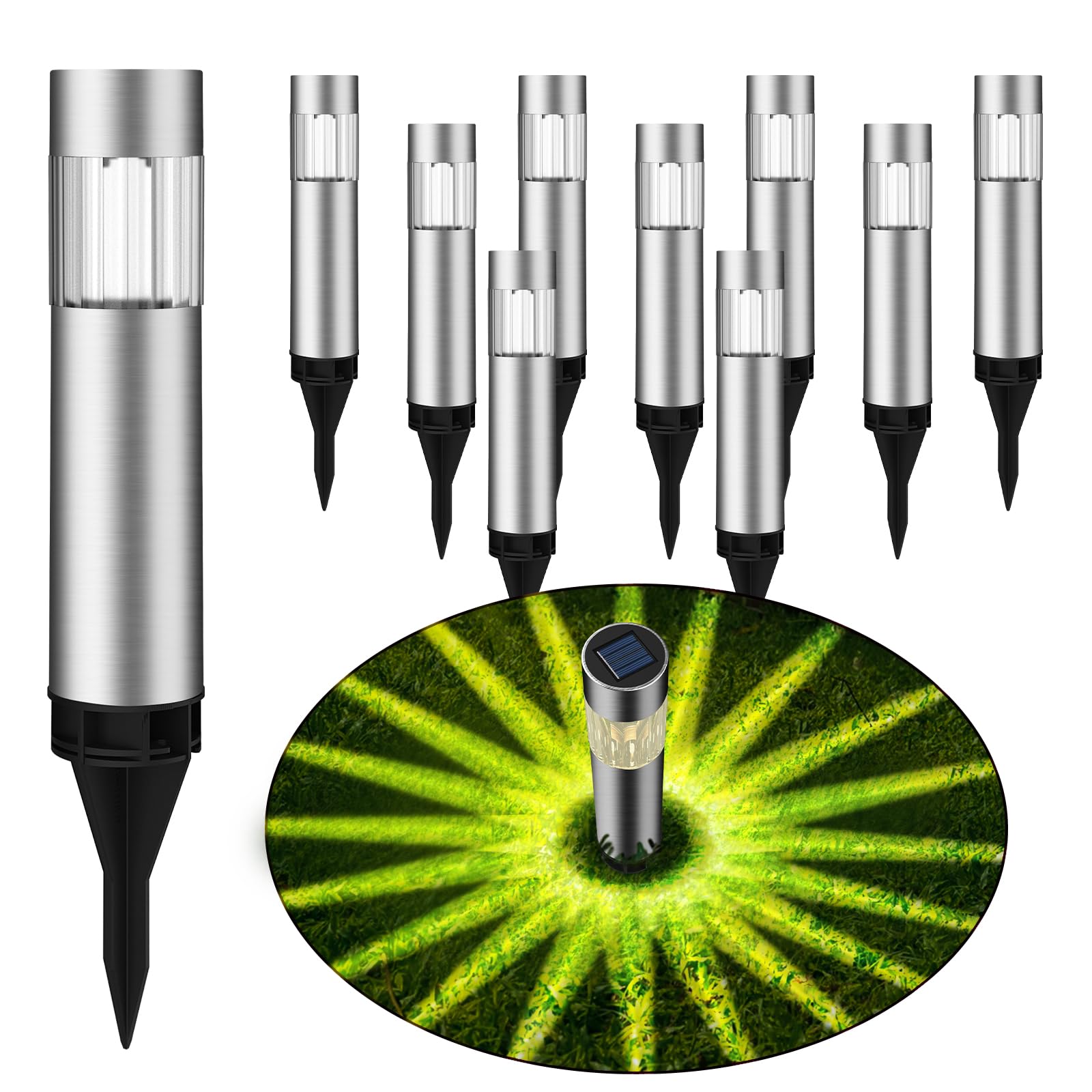 Photo 1 of pearlstar Solar Outdoor Lights,10 Pack Waterproof Stainless Steel Solar Stake Lights for Path,Walkway,Driveway,Yard,Patio,Garden Decor (Warm White)