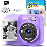 Kids Instant Print Camera with 5 Rolls Print Paper, 1080P HD Camera, Rechargeable Portable Toddler Selfie Camera, Christmas Birthday Gifts Toys for Boys Girls Age 3-12 (Purple)