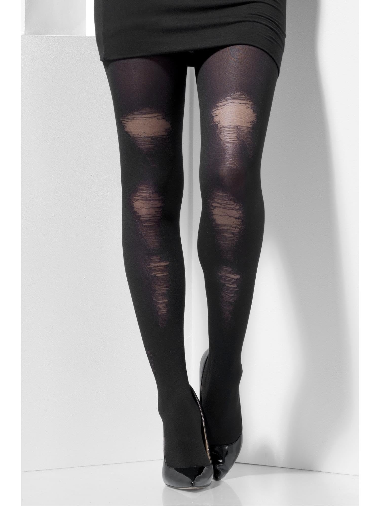 Smiffys Opaque Tights, Black with Distressed Detail, Fever Hosiery Fancy Dress, Adult Dress Up Accessories